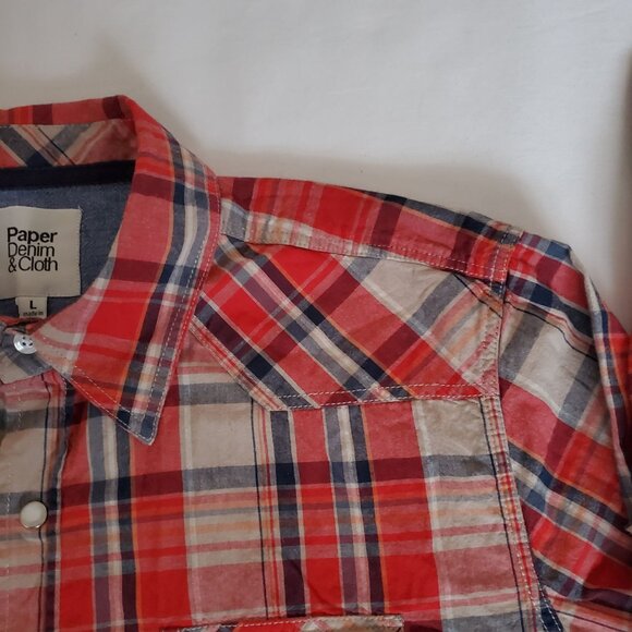 Paper Denim & Cloth Men's Red Plaid Snap Button Long Sleeve Shirt Size Large - Picture 3 of 12